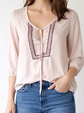 Boho Embroidered Blouse Cream Peasant Festival Top